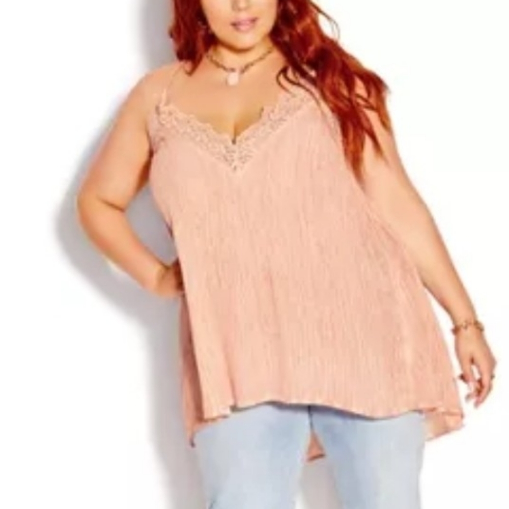 City Chic Karma Pink Lace Crepe Tank Top Size S (16)
